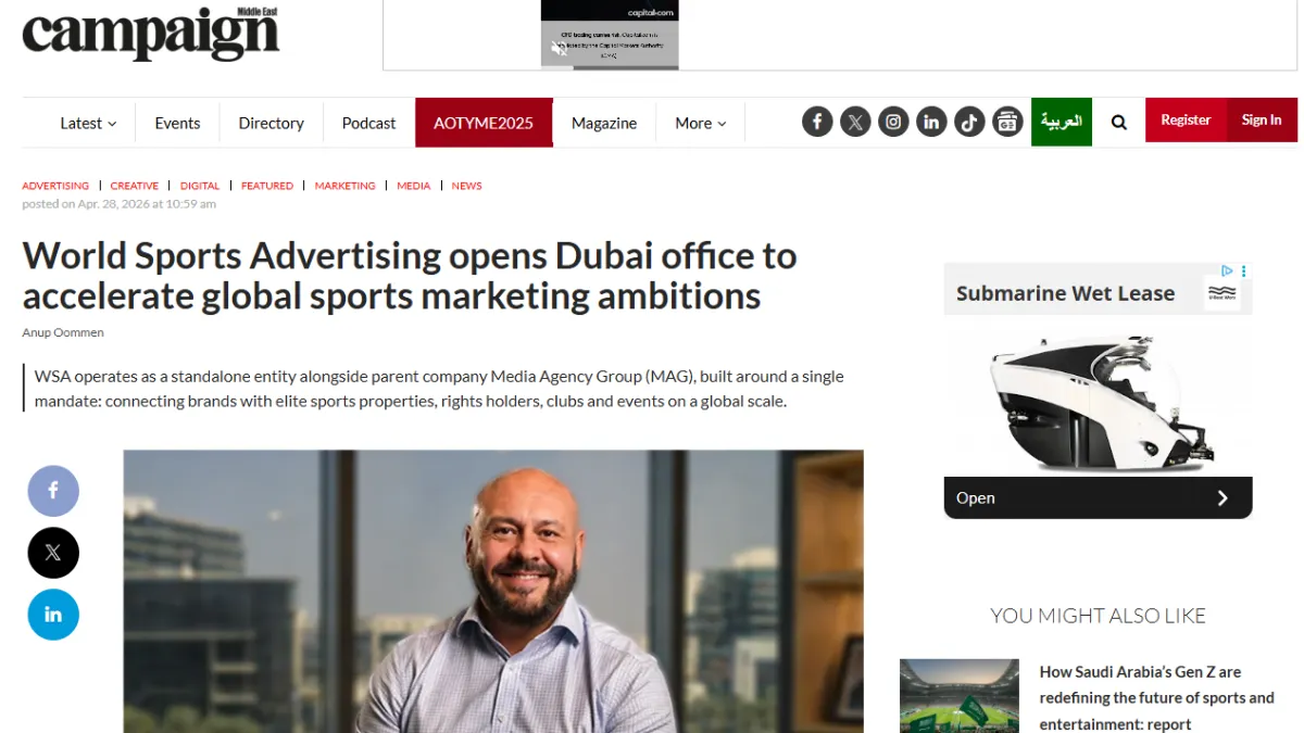 World Sports Advertising Featured on Campaign Middle East for Dubai Expansion