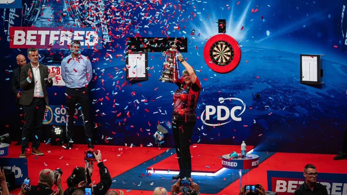 World Matchplay darts tournament with branded stage and sports advertising - World Sports Advertising