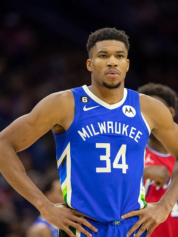 Giannis Antetokounmpo in elite basketball action as a sports brand ambassador for World Sports Advertising