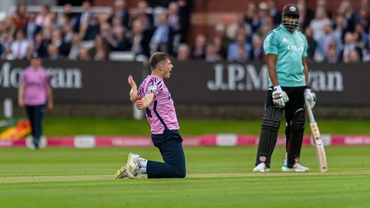 Vitality Blast evening cricket crowd with stadium sports advertising and kit branding - World Sports Advertising